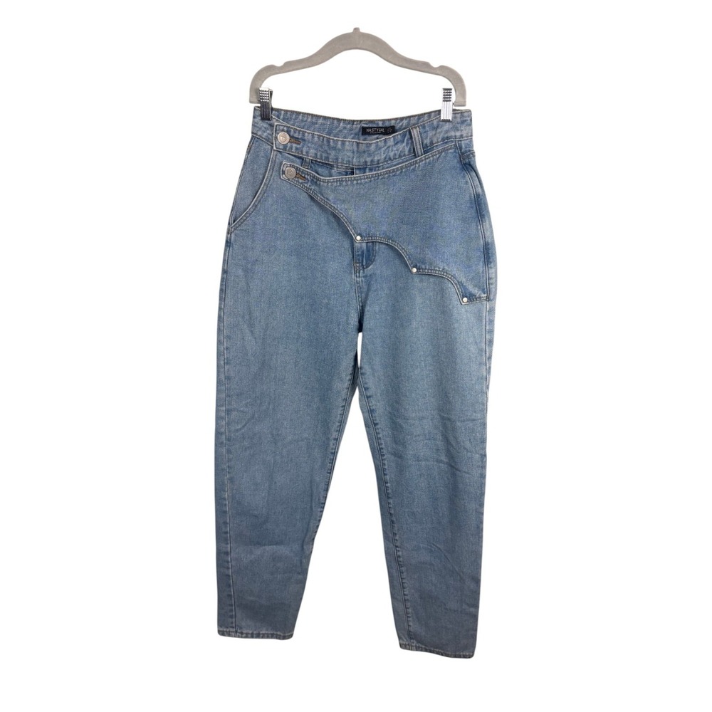 Nasty Gal Asymmetrical Wrap Waist Jeans Mid Blue Denim Womens Size 8 Chic Casual
